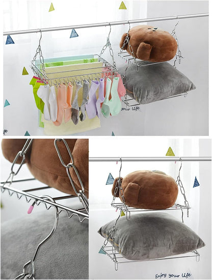 Stainless Steel Sock Drying Rack,Multifunctional Laundry Drying Rack Hanging Drying Rack Swivel Hook Wind Proof Clothes Hanger Rack with Clips for Hanging Clothes Towels Socks (Without Clip 40cm)