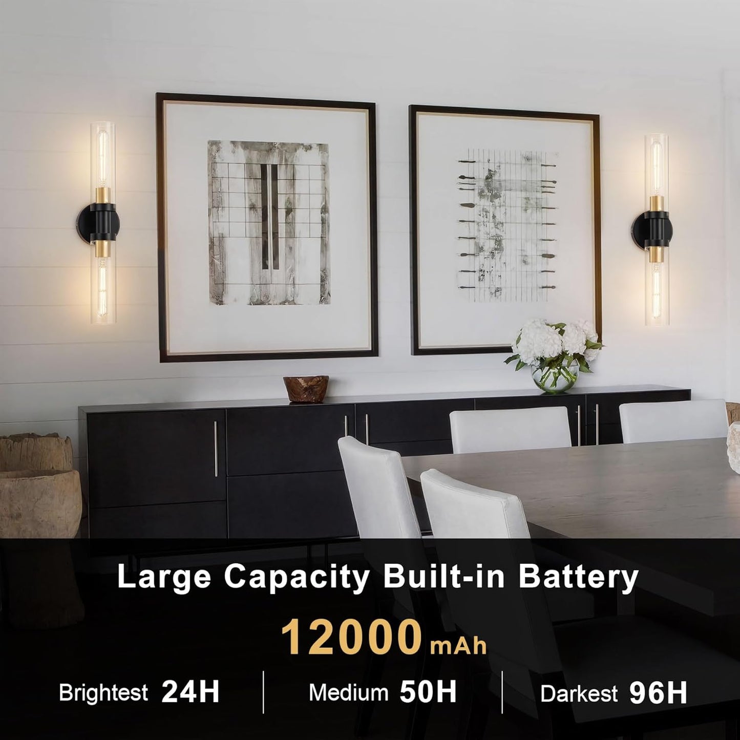 SANTOSTOCK Gold Battery Operated Wall Sconce Set of 2, 12000mAh Rechargeable Wall Lights with Remote Control, Wireless Dimmable Wall Lamps for Bedroom Living Room Bathroom Hallway Stairwell