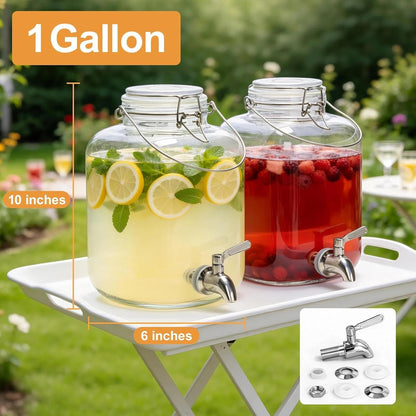 Glass Drink Dispenser for Parties, 1 Gallon Beverage Dispenser with Spigot and handle,Glass Water Dispenser, Juice Dispensers for Fridge, Lemonade & Laundry Detergent Dispenser (1Pack)