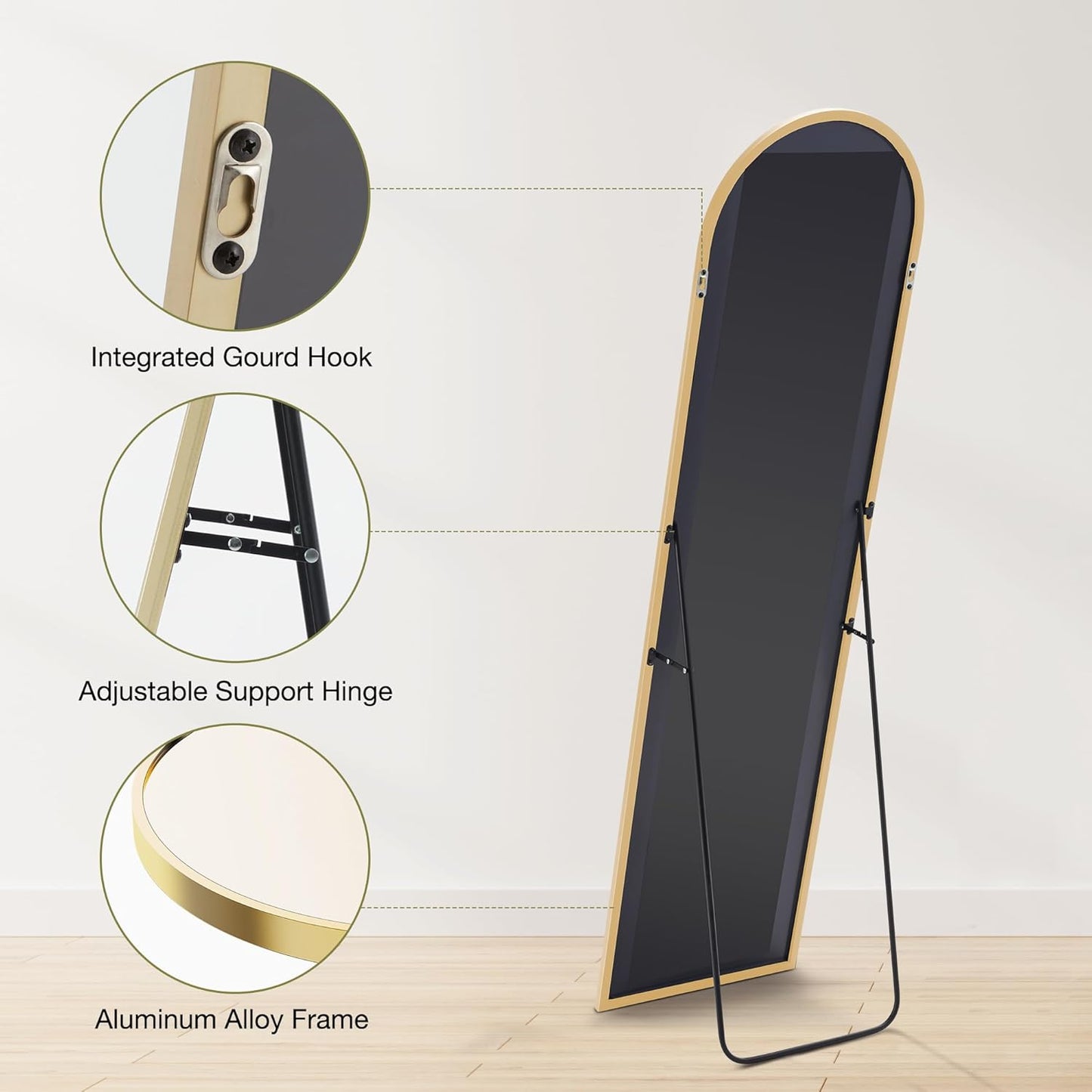 OLIXIS 64"x 21.5" Arched Mirror Full Length, Full Body Mirror with Stand, Hanging or Leaning for Wall, Floor Standing with Shatter-Proof Glass for Bedroom, Living Room, Long, Black