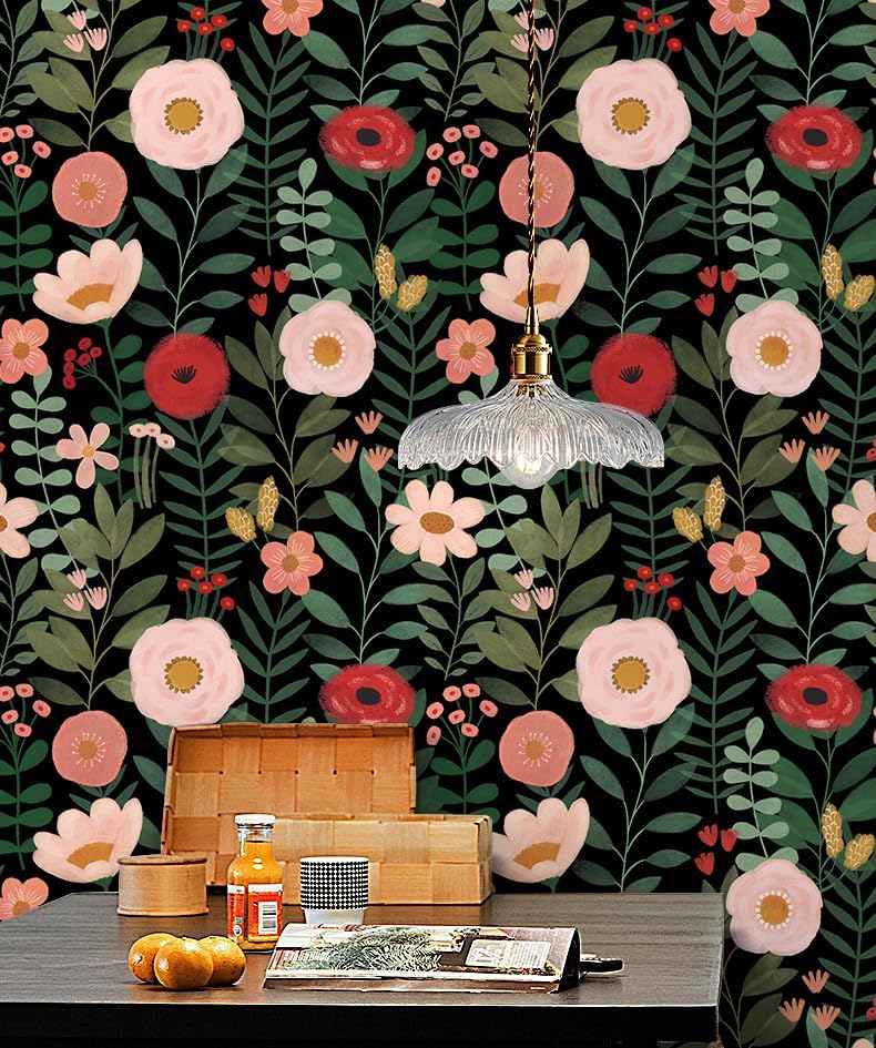 HAOKHOME Floral Peel and Stick Wallpaper Boho Vintage Wall Paper Removable for Bathroom Nursery Beige/Pink/Red Contact Paper 17.3in x 9.8ft