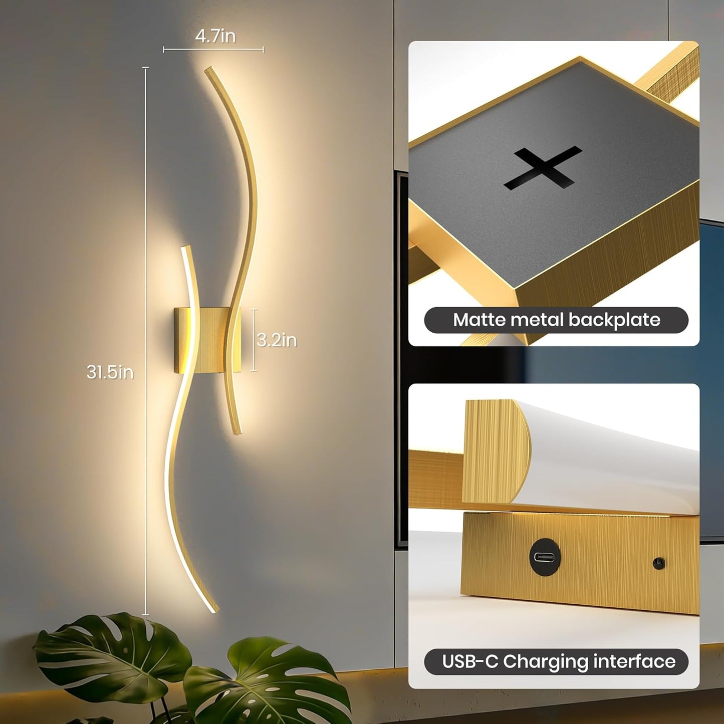 Battery Operated Wall Sconces Set of Two, 10000mAh Rechargeable Modern Wall Lights with Remote Control, Dimmable Gold LED Cordless Lighting for Living Room, Bedroom, Hallway, 39.4 Inch, 3CCT