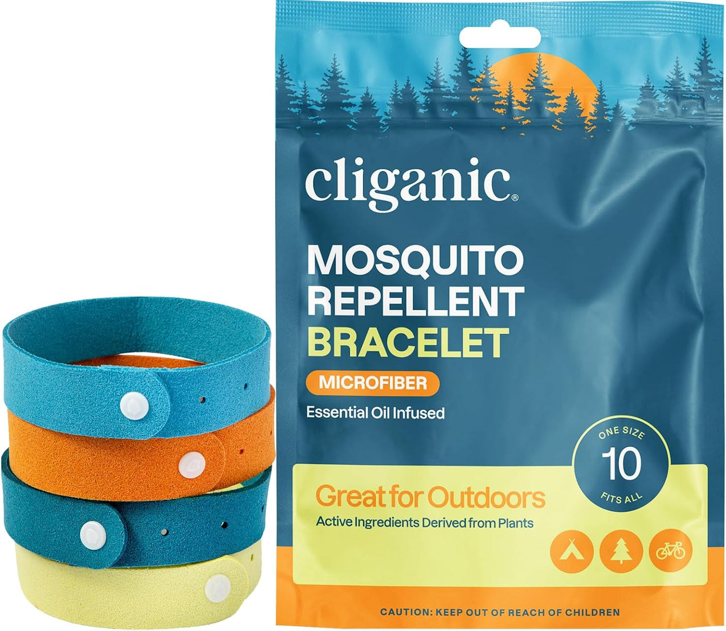 Cliganic 10 Pack Mosquito Repellent Bracelets for Adults & Kids - Natural DEET-Free Bands, Individually Wrapped