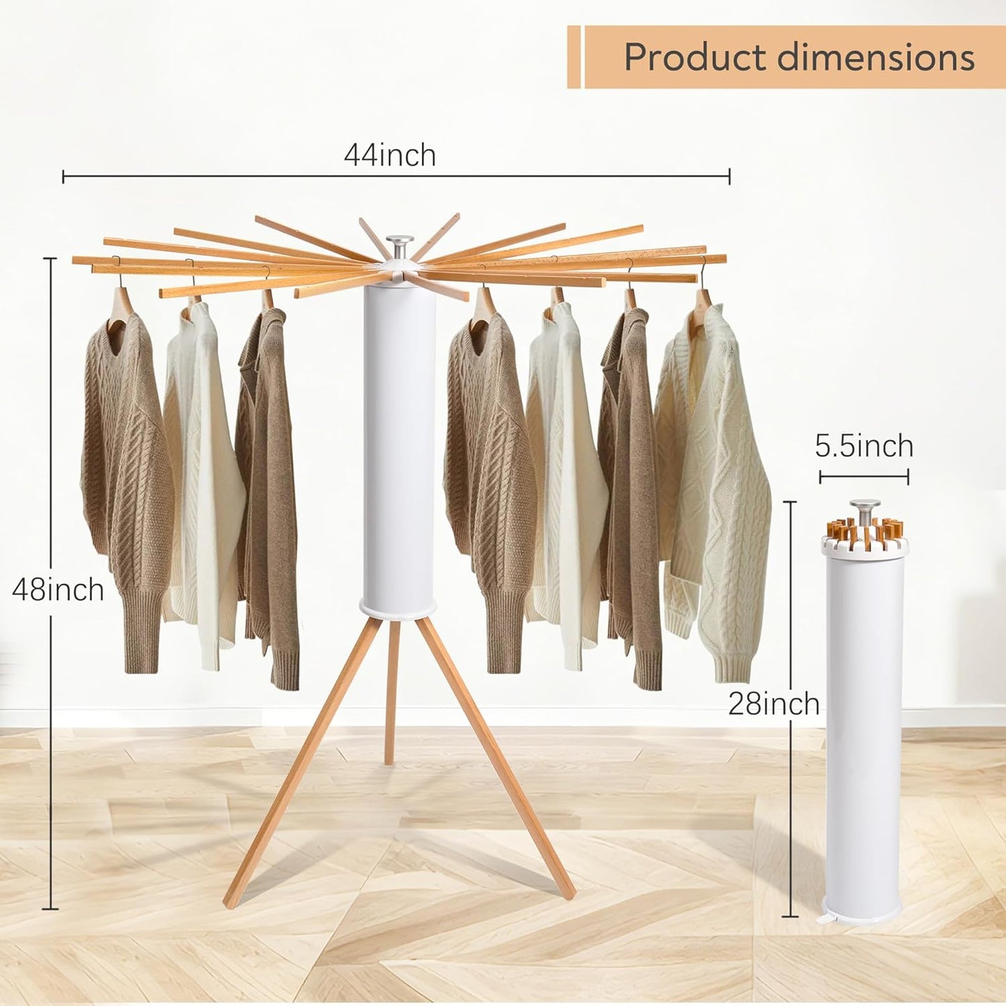 ZOFGENOW Clothes Drying Rack, Foldable Wooden Tripod Drying Rack Clothing for Small Apartments Balcony Bedroom, Portable Space Saving Laundry Rack, Floor Standing with 16 Poles for Indoor Air Drying