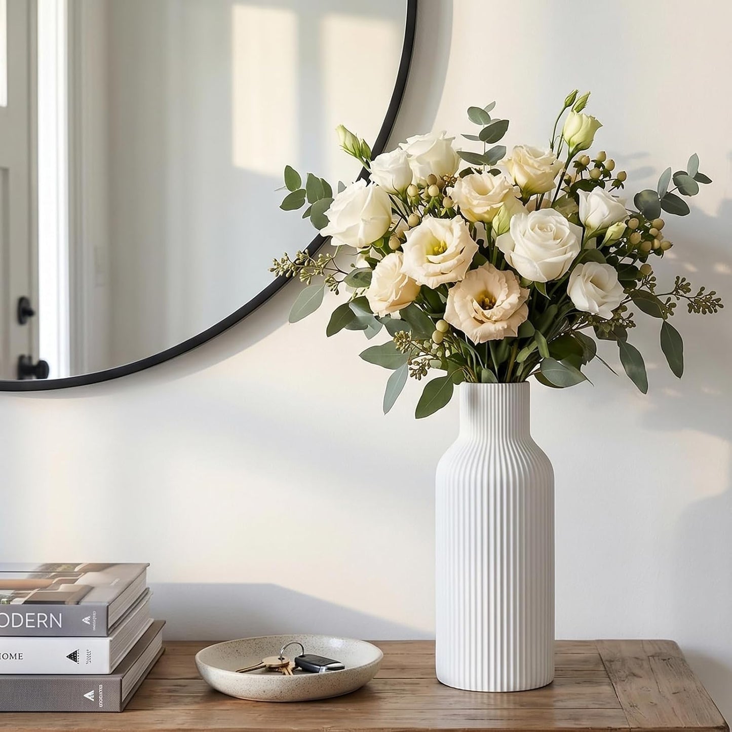 White Ceramic Flower Vases Set of 3, Modern Matte Vertical Ribbed, Nordic Minimalist Decor for Pampas, Dried & Fresh Flowers, Centerpiece for Living Room, Shelf, Entryway, Wedding,Office
