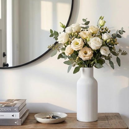 White Ceramic Flower Vases Set of 3, Modern Matte Vertical Ribbed, Nordic Minimalist Decor for Pampas, Dried & Fresh Flowers, Centerpiece for Living Room, Shelf, Entryway, Wedding,Office