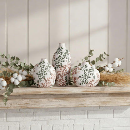 Small Ceramic Vase Set of 3,Bulk Mini Bud Vases for Flowers and Pampas Grass,Cute Boho Ellipse Home Decor for Coffee Table Centerpieces,Living Room,Office,Bookshelf,Entryway Decor (Green Floral)