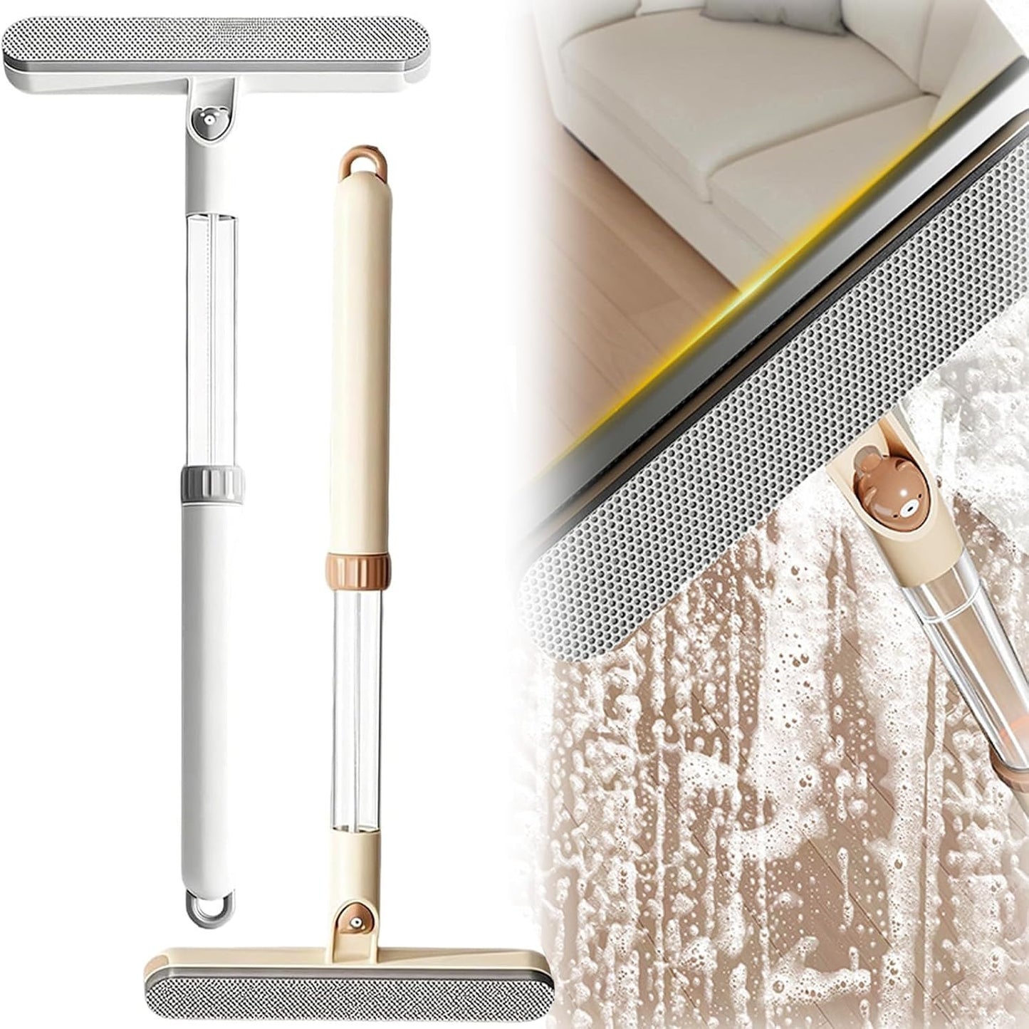 5-in-1 Double-Sided Window Screen Cleaning Brush， Multi-Purpose Cleaning Brush，with Retractable Handle and Built-in Crevice Brush, Dry and Wet Use， for Home, Office & Porch Screens (Khaki)