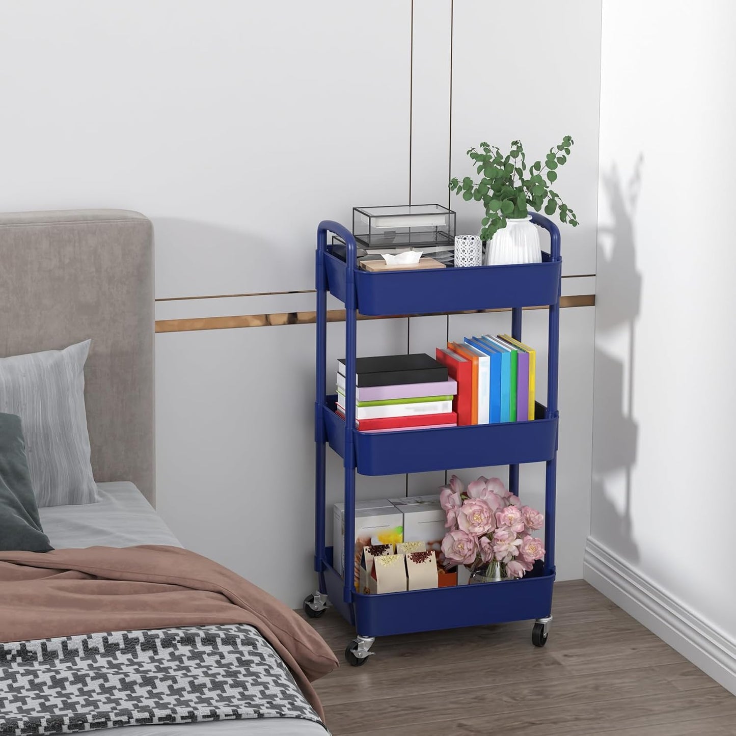 Sywhitta 4-Tier Plastic Rolling Utility Cart with Handle, Multi-Functional Storage Trolley for Office, Living Room, Kitchen, Movable Storage Organizer with Wheels, Black