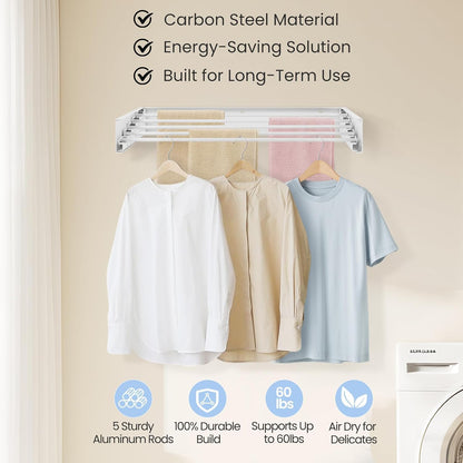 Wall Mounted Laundry Drying Rack, Carbon Steel Foldable & Retractable Clothes Drying Rack, Space Saving Adjustable Towel Holder for Bathroom, Laundry, Small Spaces (1, White, 31.5")
