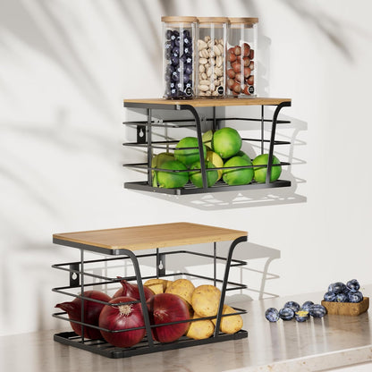 TIDIIABODE 2 Pack Stackable Storage Laundry Kitchen Organizers, Wall Mount Trash Bag Holder with Bamboo Top and Garbage Bag Dispenser No Drill