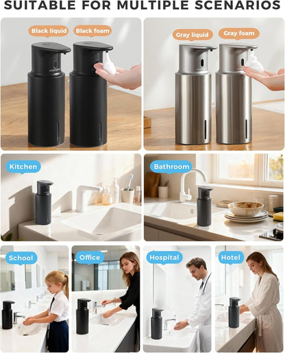 Automatic Foaming Soap Dispenser Touchless, 304 Stainless Steel Bottle Body &16.2oz/480ml Rechargeable, 3 Adjustable Liquid Levels, IPX7 Waterproof, for Kitchen Bathroom, Stainless Steel