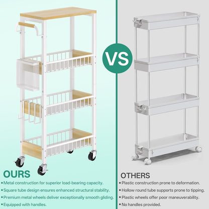 DTUQYX Slim Rolling Storage Cart, 4 Tier Small Organizer Cart with Wheels, Metal Utility Shelf Kitchen Bathroom Laundry Room Organization Trolley with Handle for Narrow Space (9.1" W Metal Basket)
