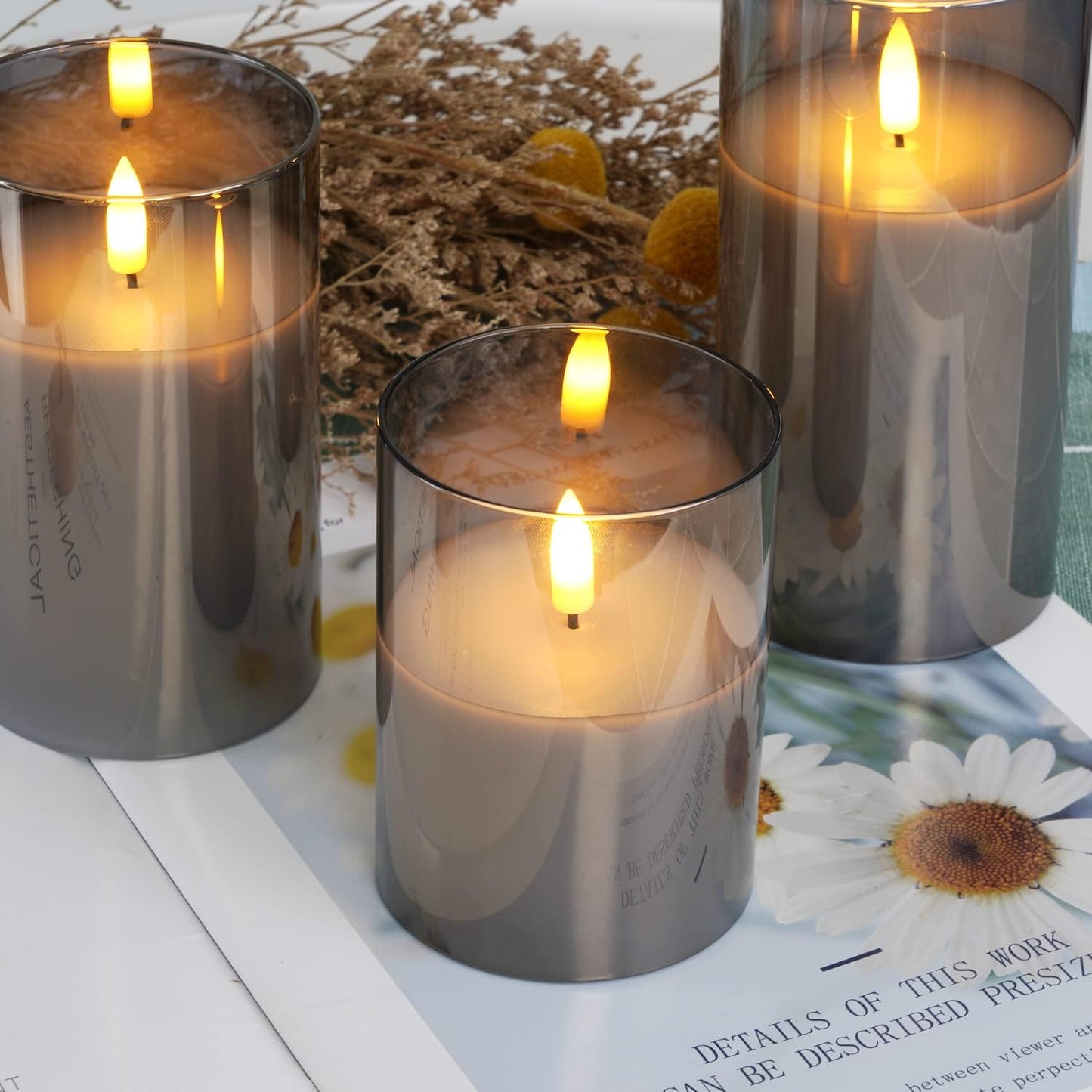 Amagic Clear Glass Flameless Candles Battery Operated with Timer, Remote Control, LED Pillar Candles, Battery Powered, Valentine's Day Decor, Pure White Wax, Set of 3