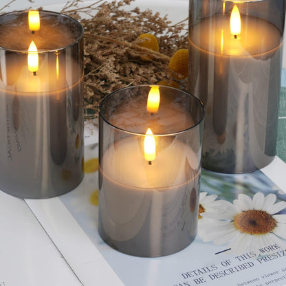 Amagic Clear Glass Flameless Candles Battery Operated with Timer, Remote Control, LED Pillar Candles, Battery Powered, Valentine's Day Decor, Pure White Wax, Set of 3