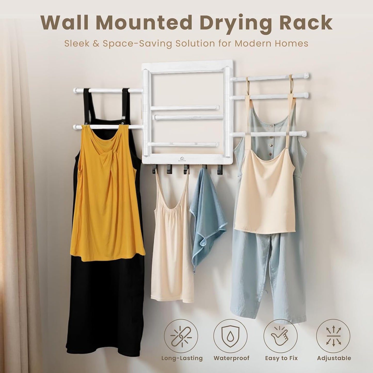 Bamboo Wall Mount Drying Rack for Laundry – Collapsible Foldable Clothes Dryer with 8 Arms & 5 Hooks, Space-Saving Laundry Hanger Dryer Rack, 20 Inch, 80 lb Capacity (Neutral)