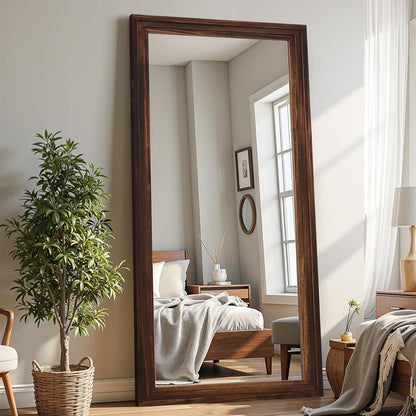 Antok Full Length Mirror with Solid Wood Frame, 71"×32" Wall Mounted Oversized Floor Mirror with Stand, Leaning Standing Hanging for Bedroom Living Room Entryway, Walnut, Arched Syle