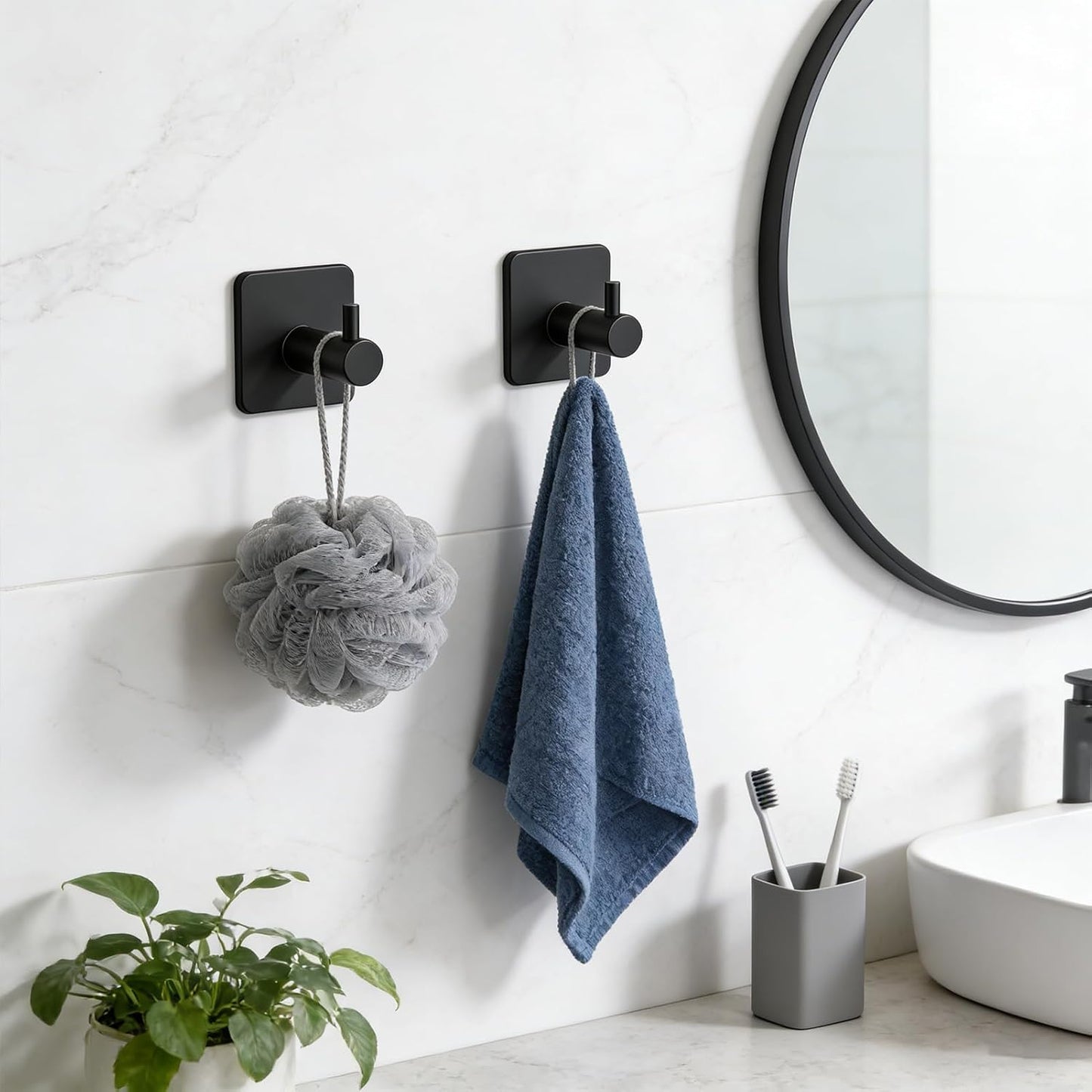 2 Pack Large Heavy Duty Adhesive Hooks, Waterproof Self Adhesive Wall Hangers for Hanging Towel Coat Keys, Strong Sticky Hooks for Bathroom Shower Kitchen Door Outdoor Home Utility （Black