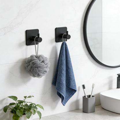 2 Pack Large Heavy Duty Adhesive Hooks, Waterproof Self Adhesive Wall Hangers for Hanging Towel Coat Keys, Strong Sticky Hooks for Bathroom Shower Kitchen Door Outdoor Home Utility （Black