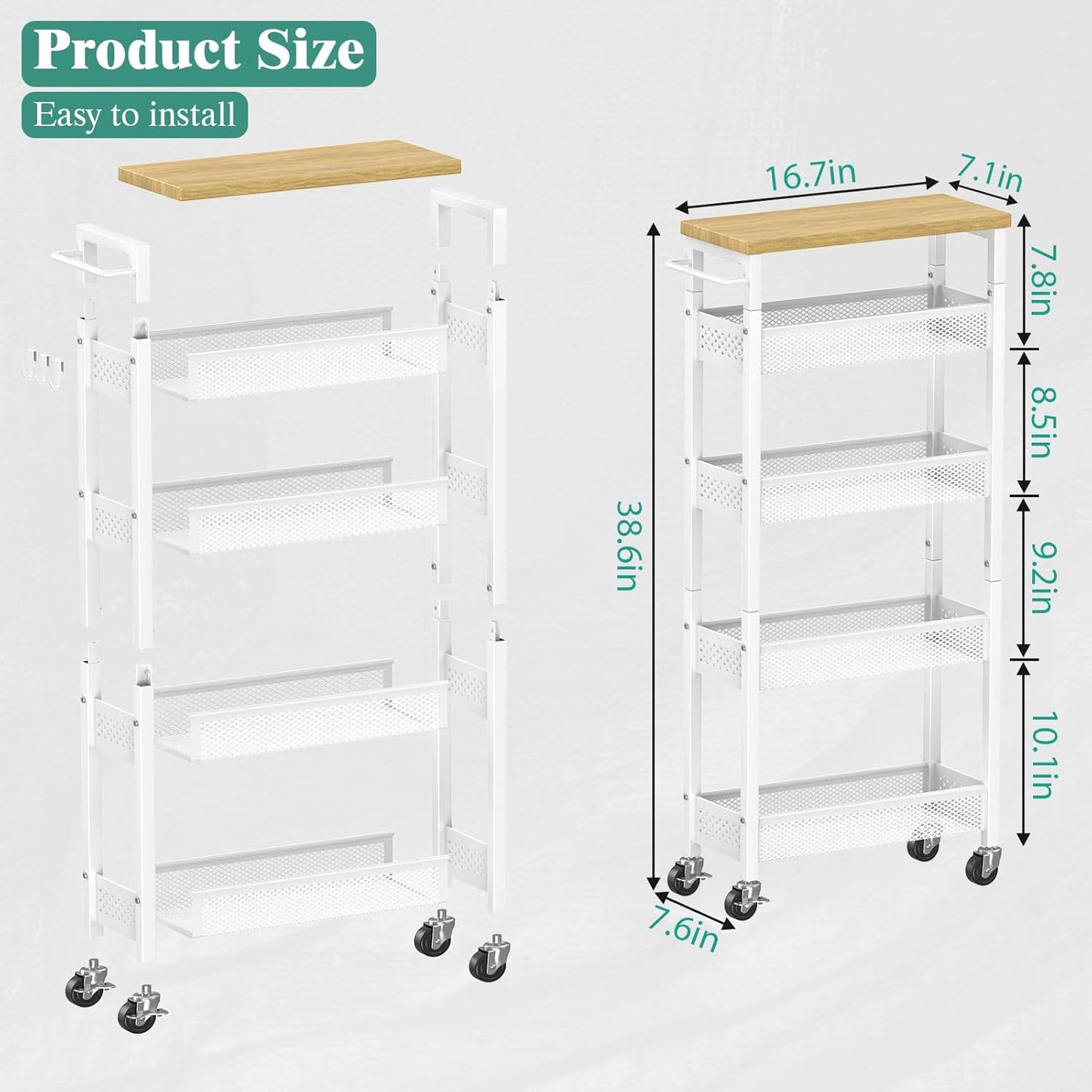 Giwil Slim Storage Cart 5 Tier Narrow Kitchen Rolling Cart on Wheels for Small Space, Metal Utility Cart Narrow Bathroom Storage Cabinet Mobile Shelf Unit Organizer with Wood Top and Handle, Black