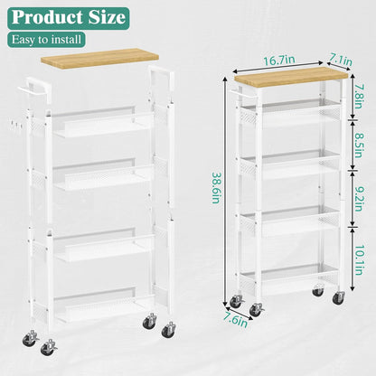 Giwil Slim Storage Cart 5 Tier Narrow Kitchen Rolling Cart on Wheels for Small Space, Metal Utility Cart Narrow Bathroom Storage Cabinet Mobile Shelf Unit Organizer with Wood Top and Handle, Black