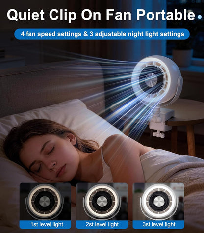 Rechargeable Clip on Fan for Bed with 4000mAh Battery, 4-Speed Quiet With Night Light,360° Rotate,Detachable Small Clip Fan Dorm Fan Student Bed Desk Bike Crib Treadmill Camping Traveling