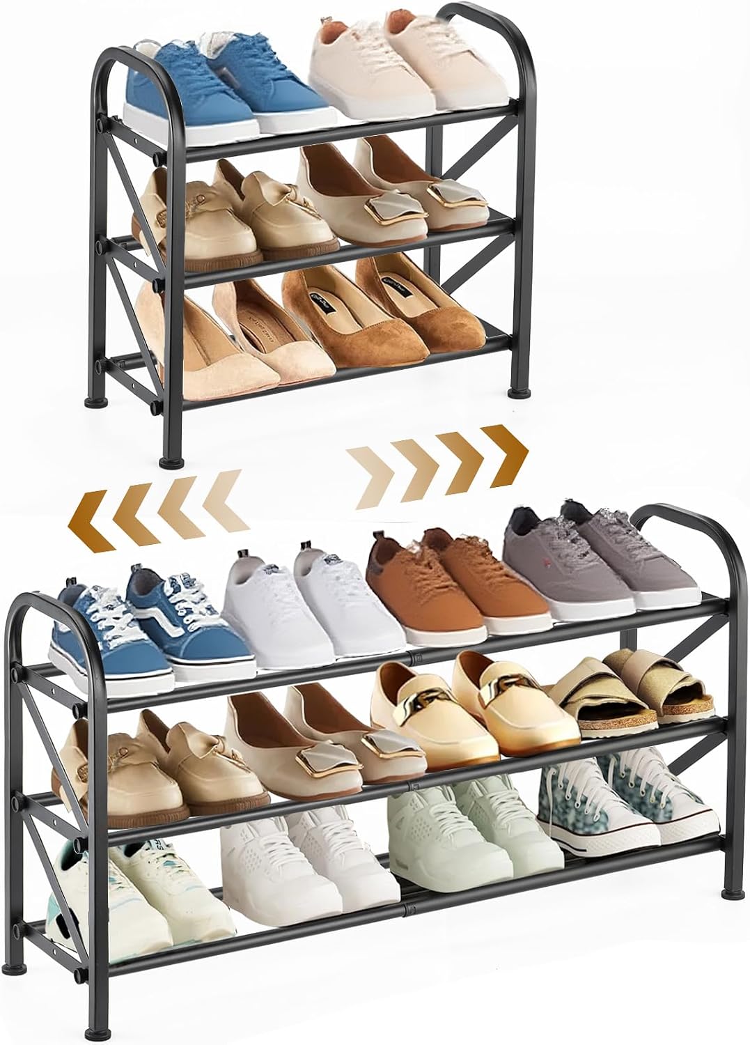 4-Tier Expandable Shoe Rack, Stackable and Adjustable Shoes Organizer Storage Shelf, Sturdy and Durable Metal Structure Free Standing Shoe Rack for Closet Entryway Doorway