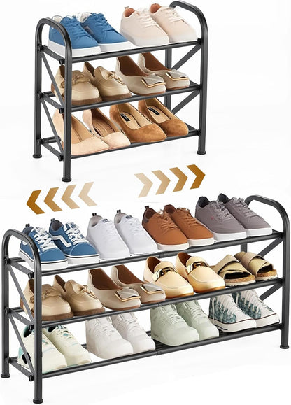 4-Tier Expandable Shoe Rack, Stackable and Adjustable Shoes Organizer Storage Shelf, Sturdy and Durable Metal Structure Free Standing Shoe Rack for Closet Entryway Doorway