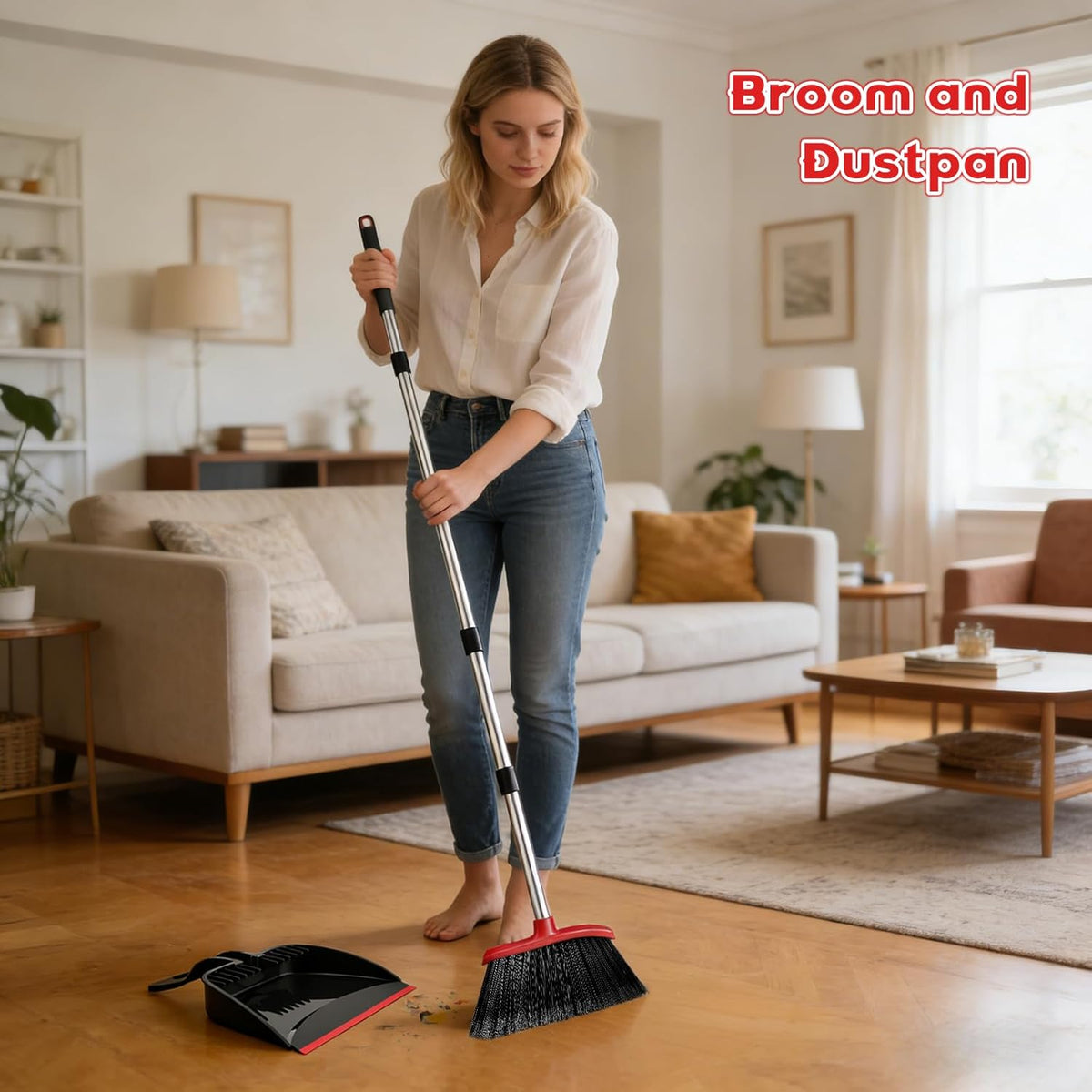 Heavy Duty Broom, 54-inch Adjustable Long Handle Angle Brooms Large Brooms for Sweeping Indoor and Outdoor Commercial Broom for Home Kitchen Patio Garage Porch Courtyard Classroom, Red