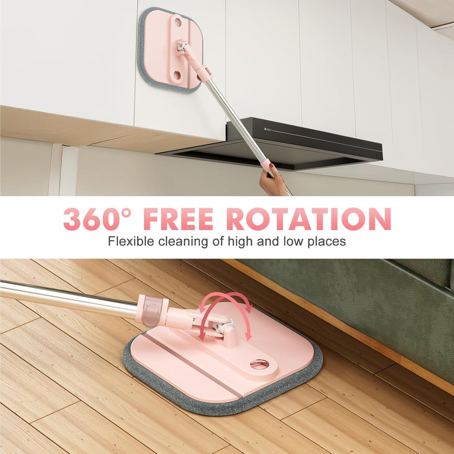 Spin Mop and Bucket Set with 2 Replaceable Microfiber Mop Pads with Self Separation Dirty and Clean Water System, Self Wringing 360° Rotating Square Mop Head for Hardwood Tile Marble Floors