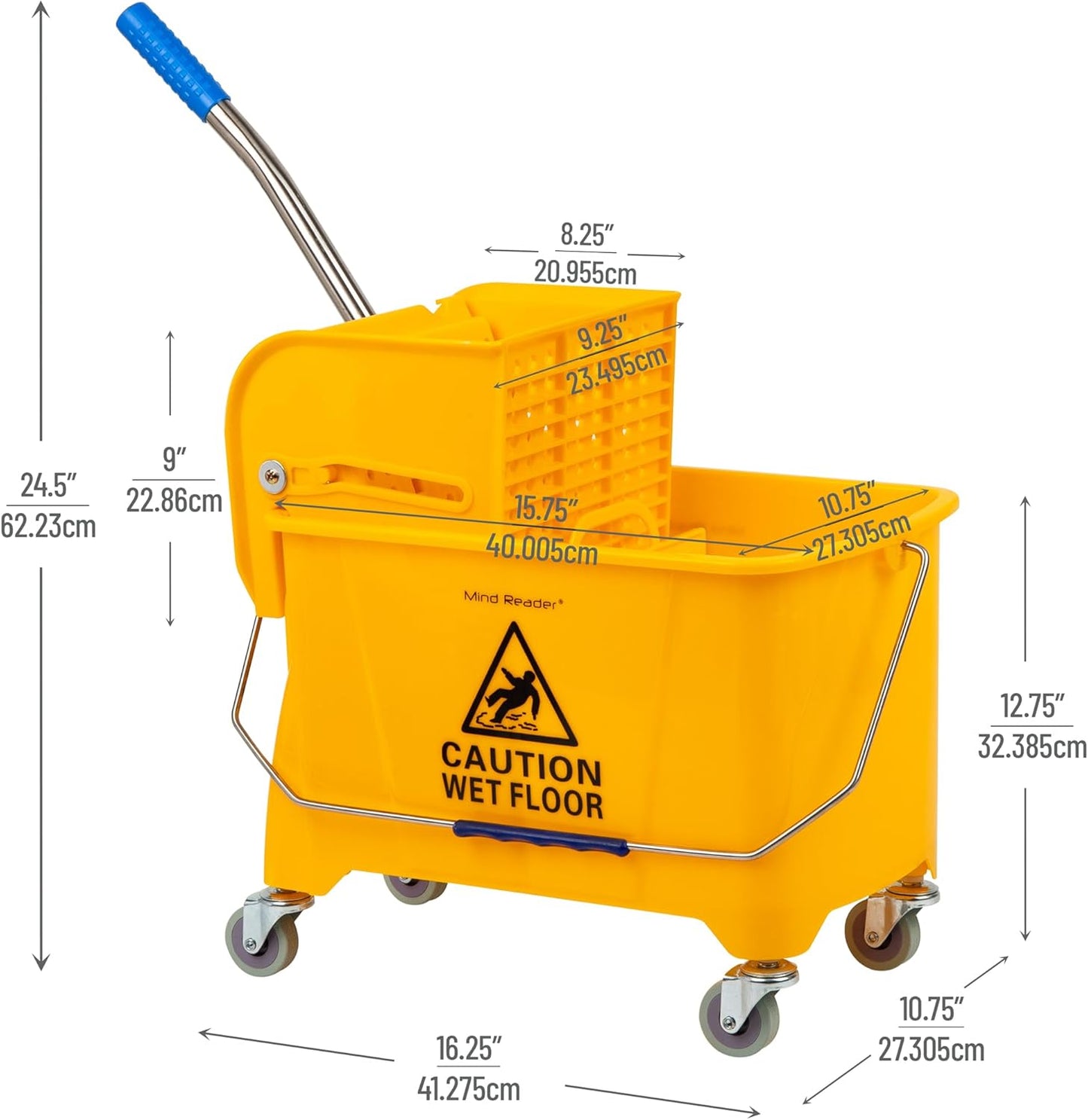 Mind Reader Mop Bucket with Wringer (Mop Not Included), 5.5 Gallon Cleaning Bucket with Wheels and Handle, Upward Press Wringer, Small Mop Compatible, Yellow