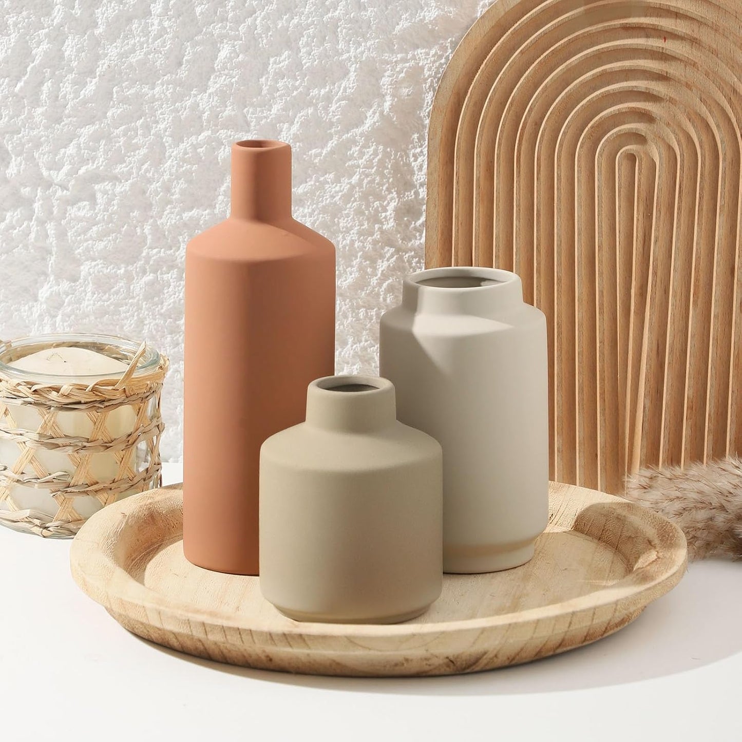Ceramic Vase Set of 3, Modern Decorative Vases for Home Decor, Small Flower Pottery Vase Sets, Boho Farmhouse Rustic Vases for Living Room, Kitchen, Bedroom, Bathroom, Shelf, Table