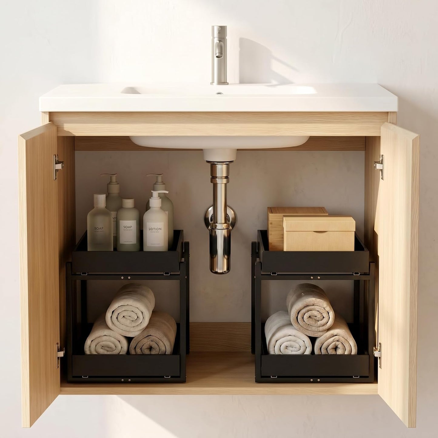 Bamboo Under Sink Organizer Adjustable Height 2 Tier Bathroom Organizer Pull Out Cabinet Storage Kitchen Heave Duty Wood Slide Ou Shelf for Kitchen Bathroom (Black, 2 Packs) (Black, 2 Pack)