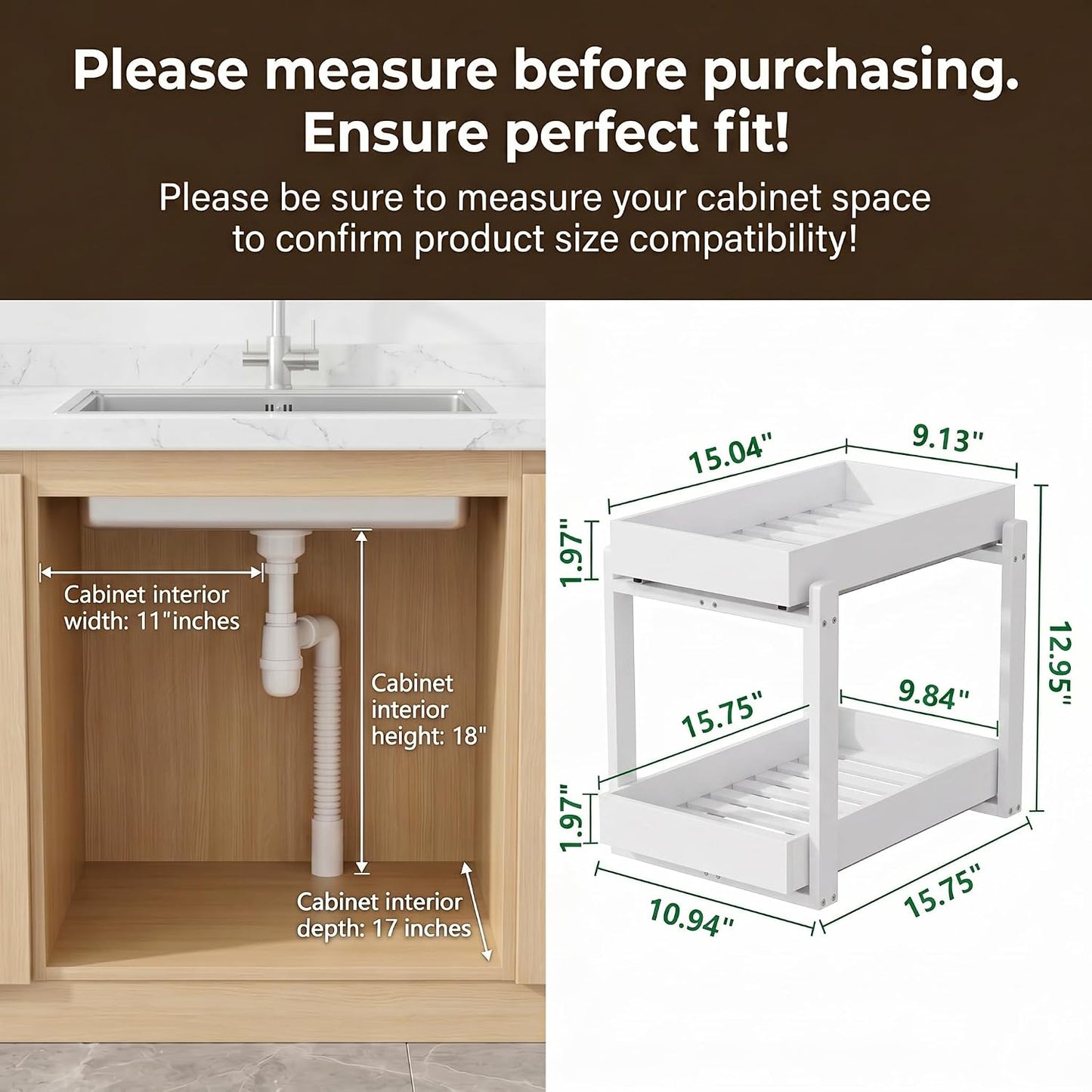 Bamboo Under Sink Organizer Adjustable Height 2 Tier Bathroom Organizer Pull Out Cabinet Storage Kitchen Heave Duty Wood Slide Ou Shelf for Kitchen Bathroom (Black, 2 Packs) (Black, 2 Pack)