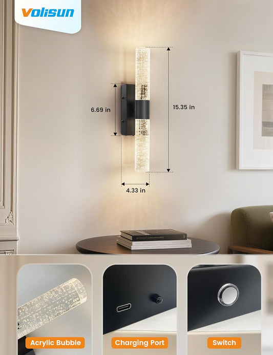 VOLISUN Battery Operated Wall Sconces Set of Two,Gold Sconces Wall Decor Set of 2,Wireless Wall Sconces with Remote,Rechargeable Wall Light for Living Room,Bedroom,Bathroom,Vanity (15.3 inch)