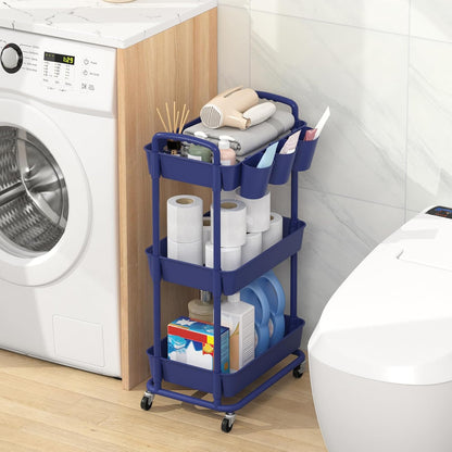 JIUYOTREE 4-Tier Plastic Rolling Storage Cart Utility Cart with Extra Hanging Cups Handles Lockable Wheels for Living Room Bathroom Kitchen Office White