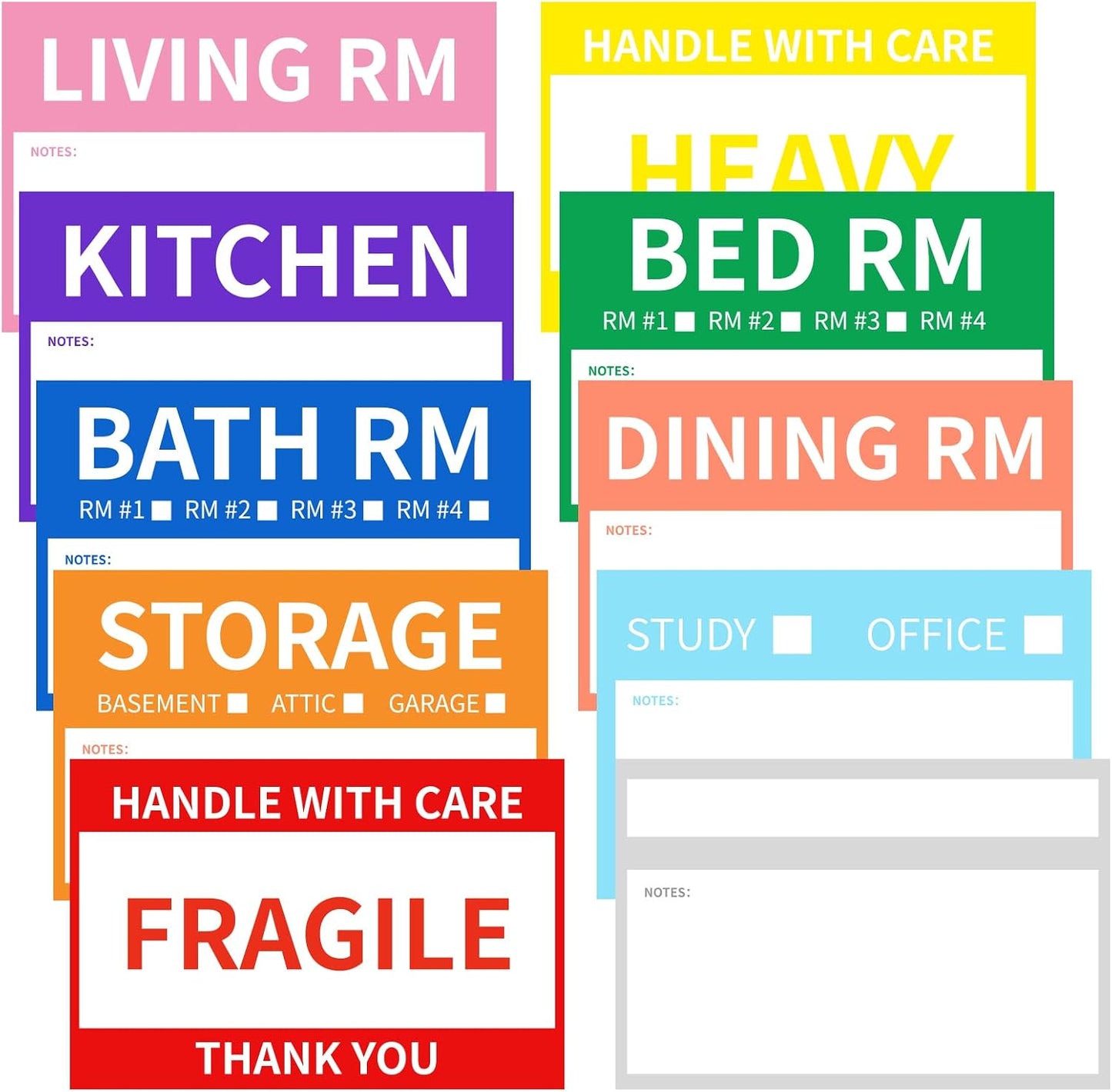 Ououstate Moving Stickers, 6 x 4 Inches Color-Coded Packing Box Labels 10 Designs with Fragile 、Heavy and Blank Customizable Labels (6 * 4IN)