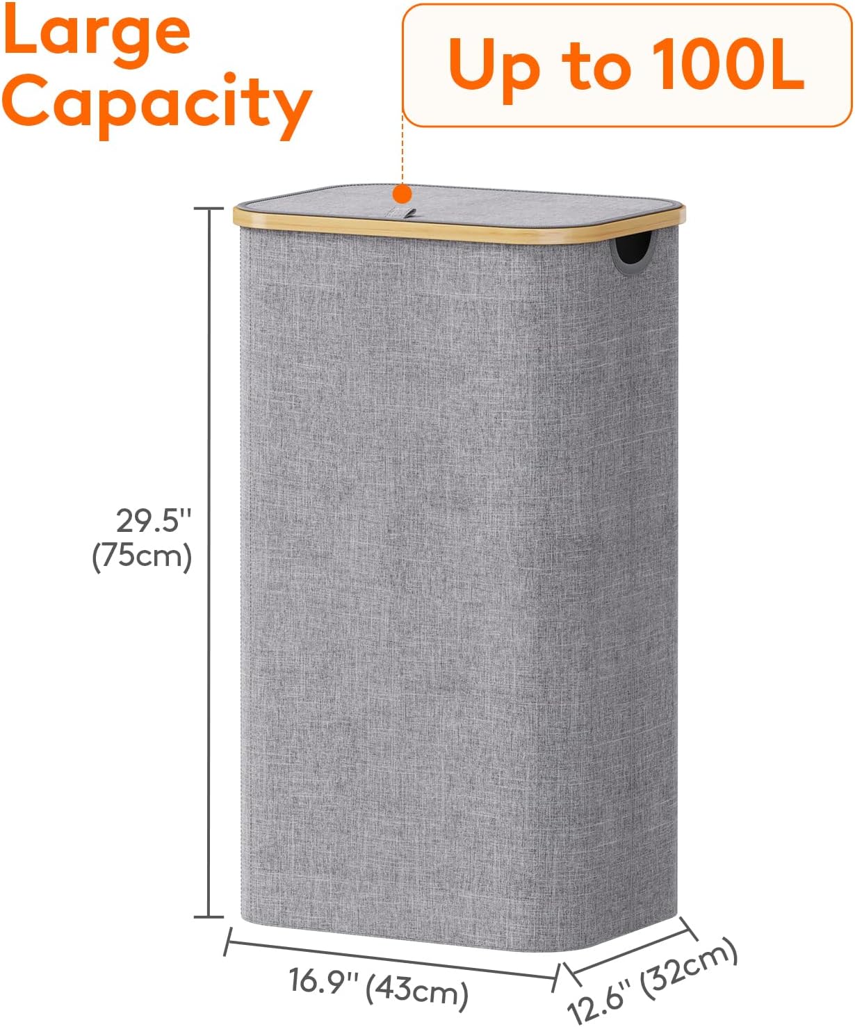 Lifewit 120L Laundry Basket with Lid, Clothes Hampers for Laundry with Bamboo Handles and 2 Removable Bag, Large Foldable Laundry Hamper for Bedroom, Bathroom, Dorm, Laundry Room, Beige