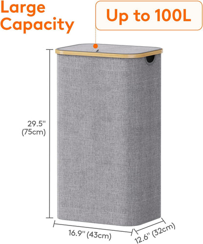 Lifewit 120L Laundry Basket with Lid, Clothes Hampers for Laundry with Bamboo Handles and 2 Removable Bag, Large Foldable Laundry Hamper for Bedroom, Bathroom, Dorm, Laundry Room, Beige