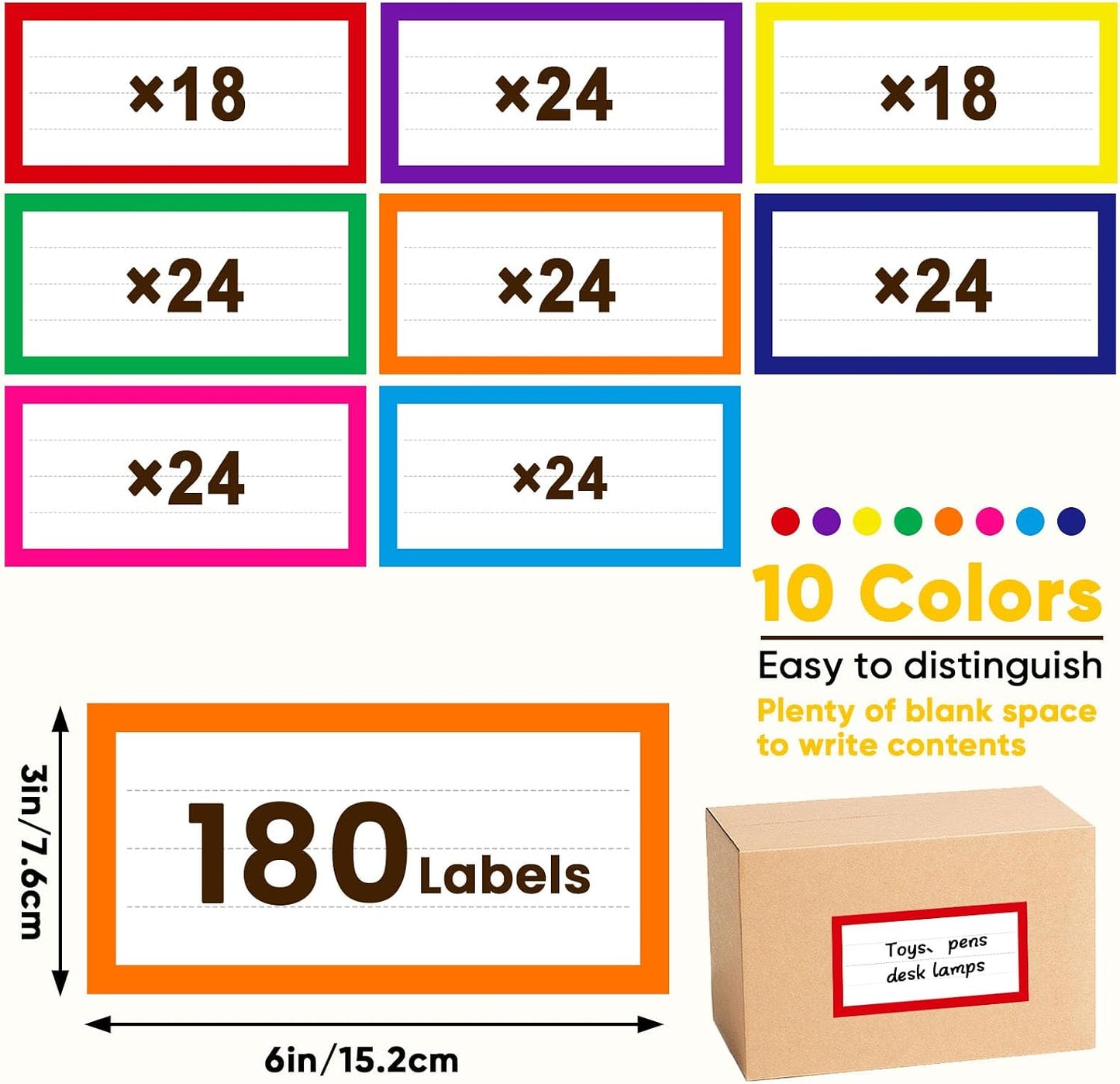 6 x 3 Inches Large Removable Moving Labels for Boxes, 180 Pack 8 Color Coded Moving Stickers for 3-4 Bedroom House, Waterproof Tear Resistant with Fragile & Blank Customizable Labels