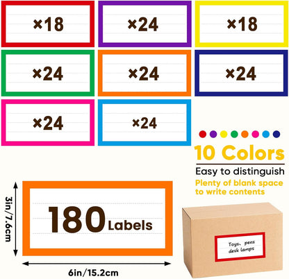6 x 3 Inches Large Removable Moving Labels for Boxes, 180 Pack 8 Color Coded Moving Stickers for 3-4 Bedroom House, Waterproof Tear Resistant with Fragile & Blank Customizable Labels