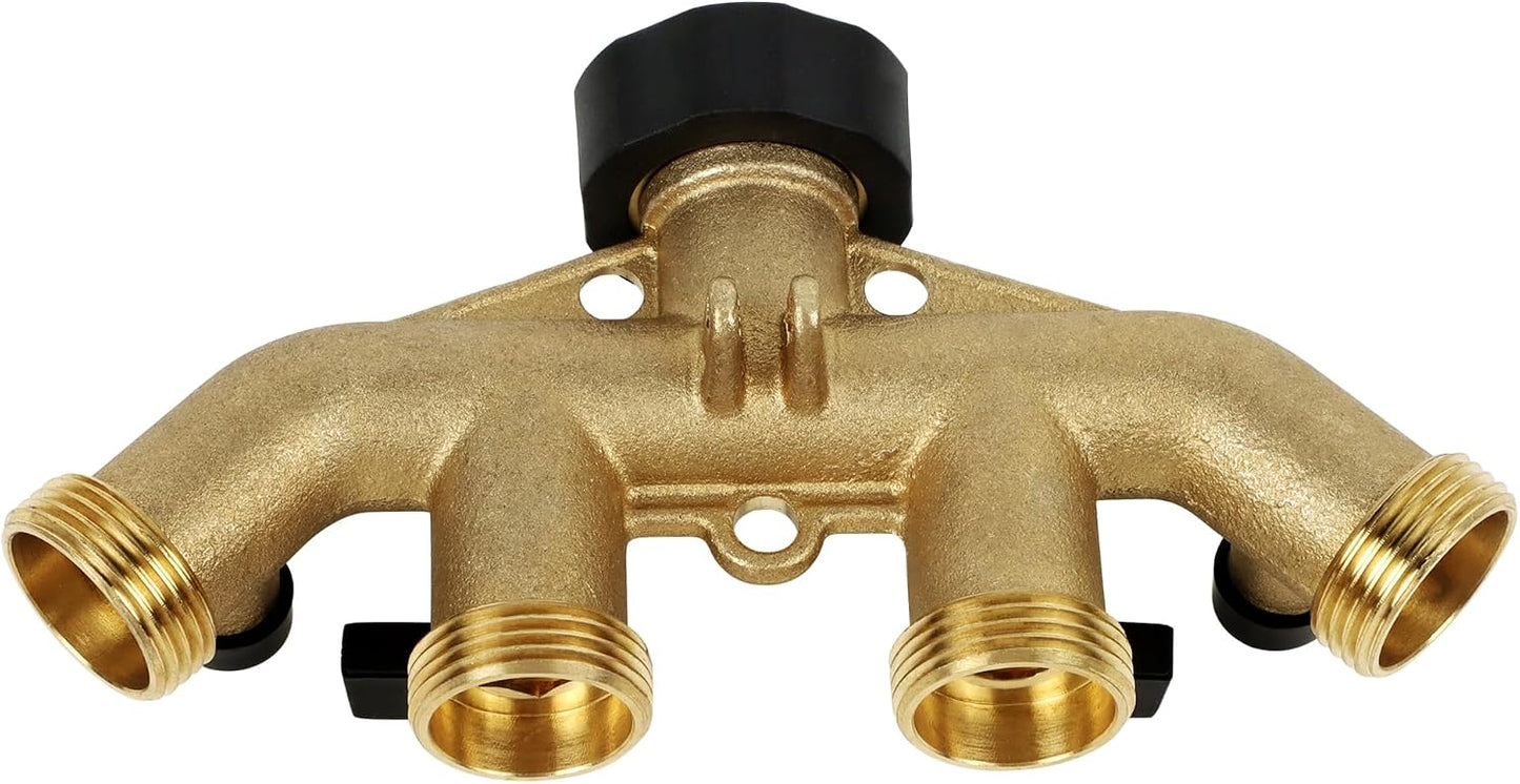 Lifynste 4 Way Brass Hose Splitter, 3/4" Brass Hose Faucet Manifold, Garden Hose Adapter Connector