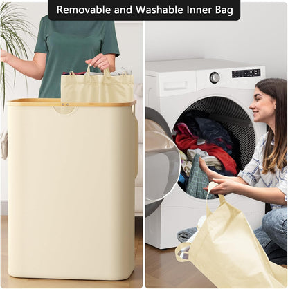 SpaceAid Double Laundry Hamper 2 Section with Lid and Removable Laundry Bags, 160L Clothes Basket with Bamboo Handles, Large Collapsible Hamper for Bedroom, Bathroom, Dorm, Laundry Room - White