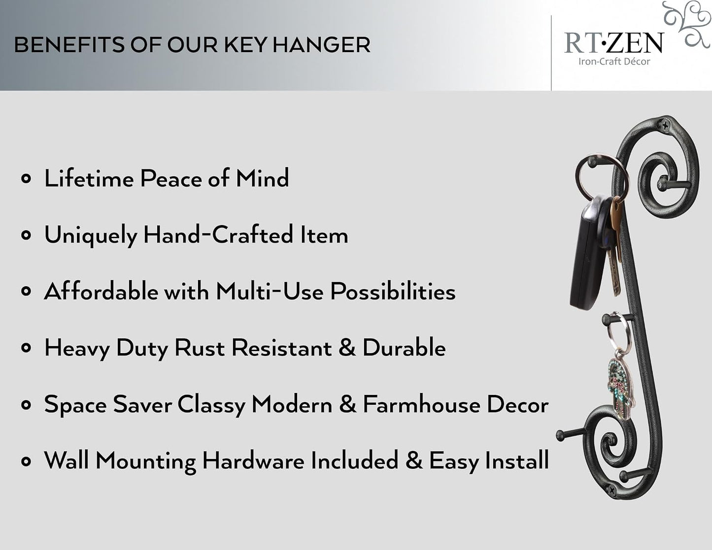 RTZEN Farmhouse Small Key Holder for Wall - Handcrafted Swirl Decorative 5 Key Hooks for Home Entryway - Wrought Iron Wall Mount Rack Purse Coat and Leash Holder or Organizer (Classic Black)