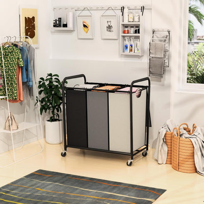 180L (47.55 Gal) Laundry Sorter 3 Section, Rolling Laundry Basket with Lockable Wheels and Lid, Laundry Hamper with 3 Separated Removable Bags Dirty Clothes Hamper for Laundry Room Organizer, Black