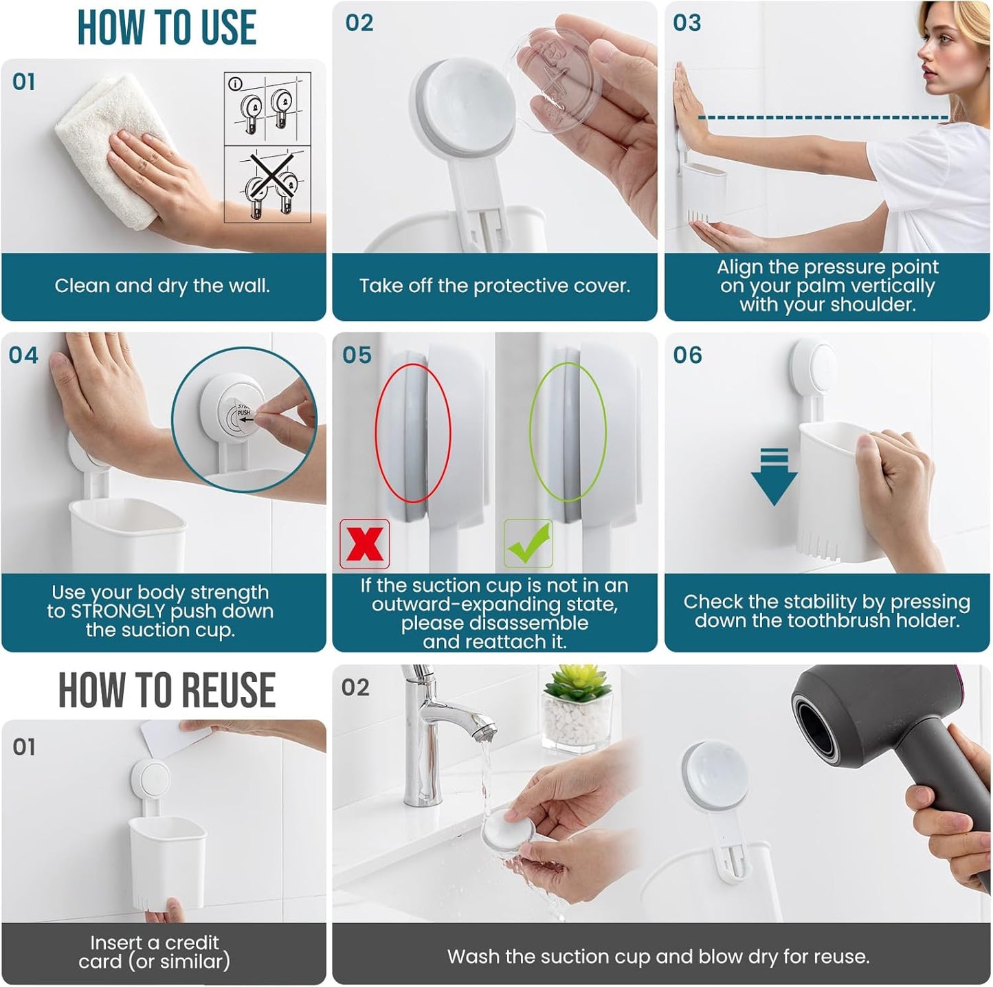 TAILI Upgraded Bathroom Mirror Suction Cup Toothbrush Holder with Razor Hook, Visible Safety Indicator, Large Capacity Inverted Trapezoid Design, Removable Shower Caddy for Toothbrush, Toothpaste, etc