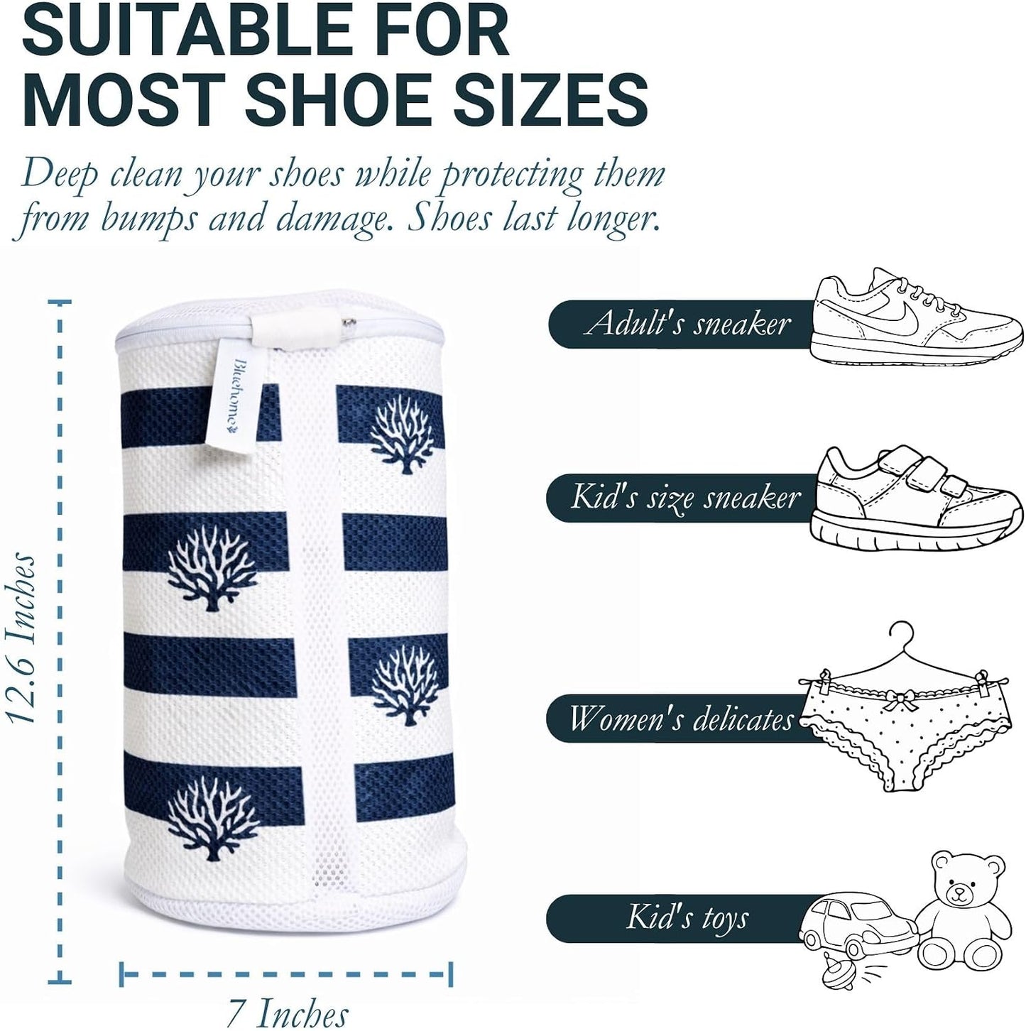 Shoe Washing Machine Bags (2-Pack) – Laundry Bag for Sneakers, Protect Shoes & Washer, Durable Thick Chenille, Reinforced Zipper, Includes Sneaker Brush – Bluehome