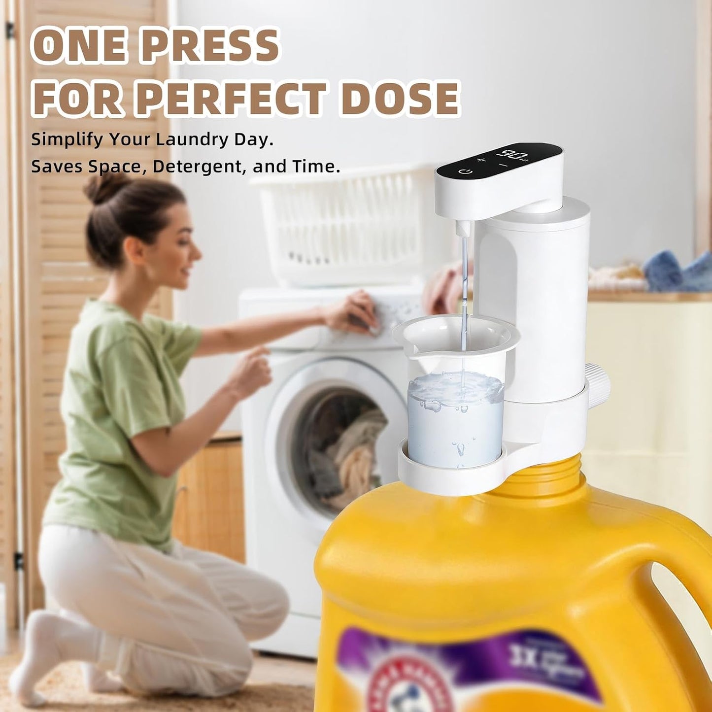 Electric Laundry Detergent Dispenser, USB-C Rechargeable Automatic Laundry Detergent Pump, 9-Level Adjustable, One-Press Dose, for All Liquid Detergent Containers-White