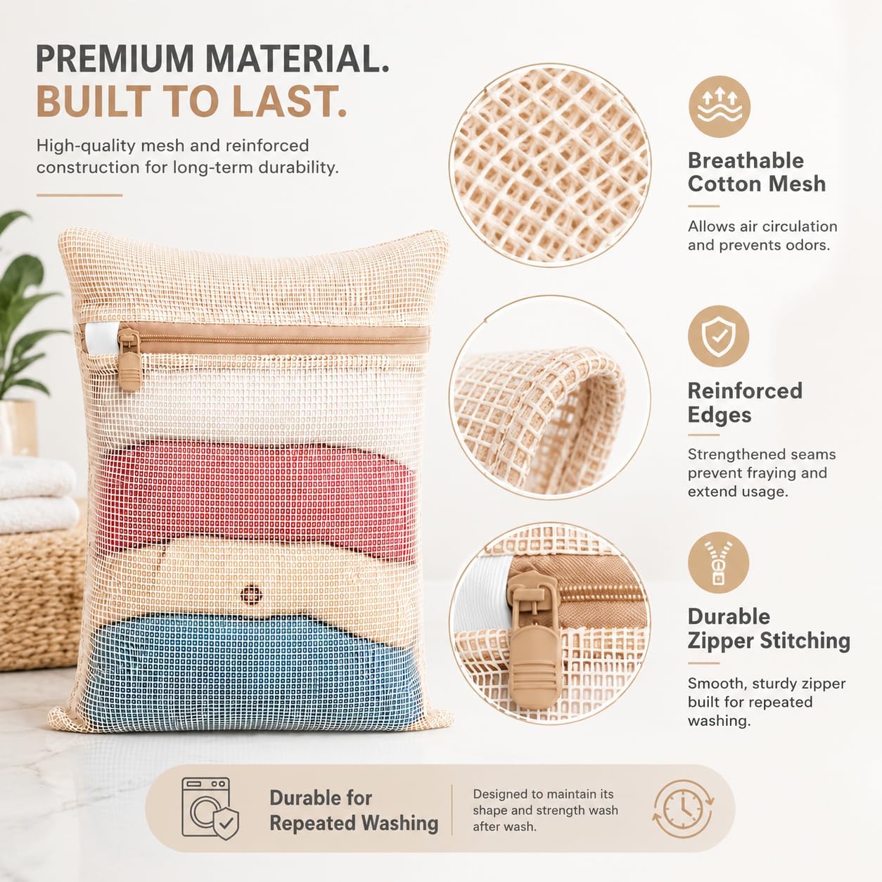 3-piece set extra-large 20×23.6 inch durable organic cotton mesh laundry bags, with sturdy zippers and breathable mesh, perfect for delicate items like underwear, clothes, pants, and socks.