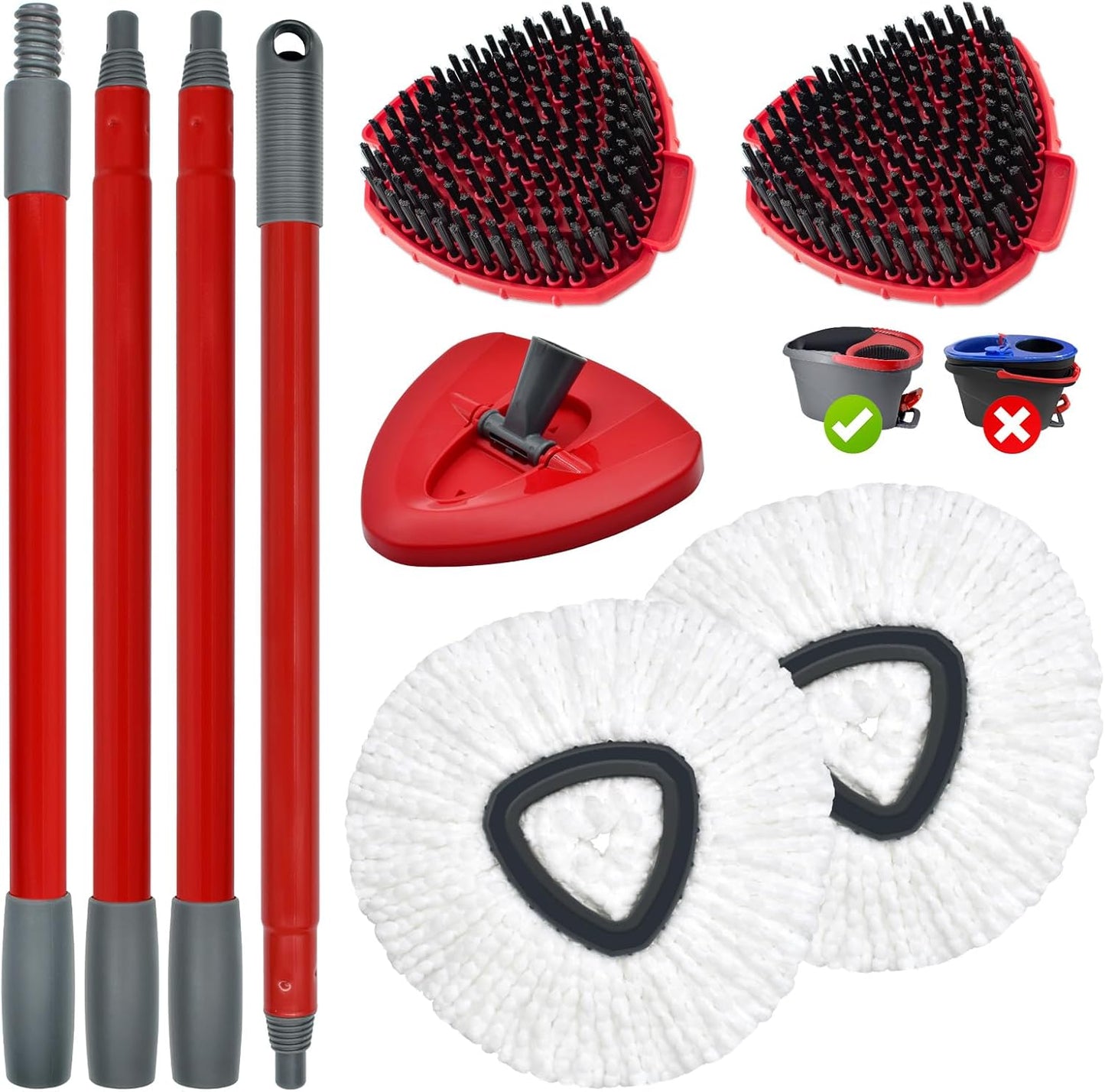 Spin Mop Handle,Mop Replace Heads,Brush and Base Compatible with O Cedar EasyWring 1 Tank,2 Microfiber Mop Refills and Brush,4-Section 30-58" Mop Handle,Mop Base Combo Set for Wet/Dry Floor Cleaning